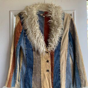 Vintage Ashley Striped Denim and Corduroy Jacket with Afghan Fur Trim Size L